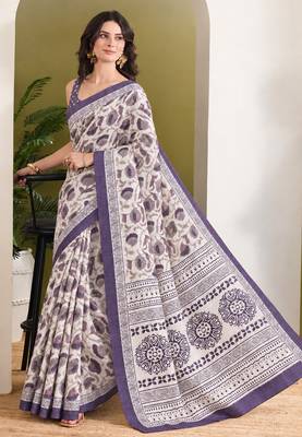 Purple batik printed silk blend ready to wear saree 1