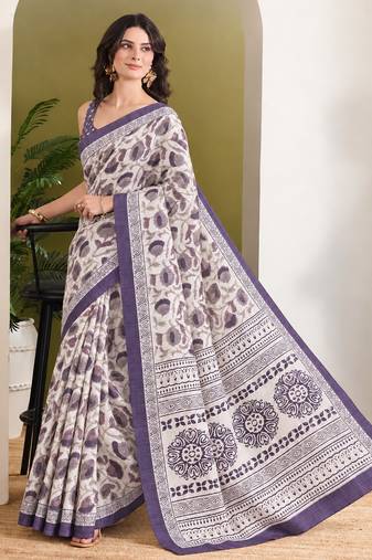 Purple batik printed silk blend ready to wear saree