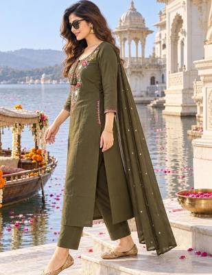 women ethnic motifs embroidered regular mirror work  cotton kurta with trousers & with 4