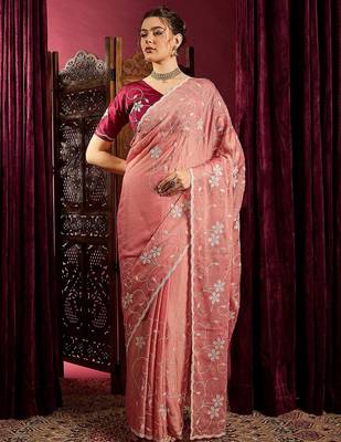 Peach ethnic motifs sequinned saree 1