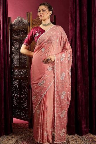 Peach ethnic motifs sequinned saree