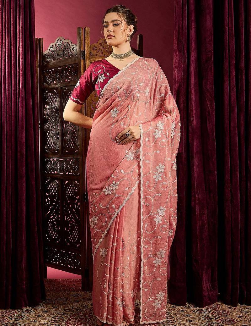 Peach ethnic motifs sequinned saree