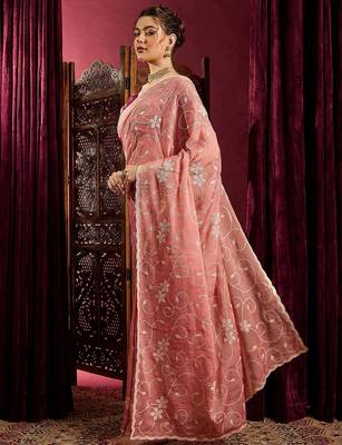 Peach ethnic motifs sequinned saree 2