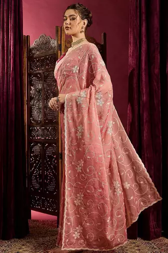 Peach ethnic motifs sequinned saree