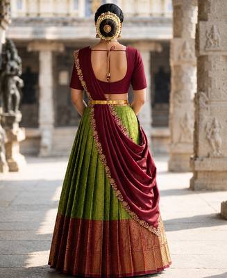 South Indian Style Semi-Stitched Half Saree with Blouse and Dupatta 2