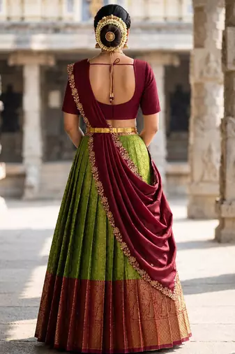 South Indian Style Semi-Stitched Half Saree with Blouse and Dupatta