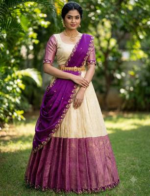 South Indian Style Semi-Stitched Half Saree with Blouse and Dupatta 1