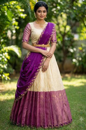 South Indian Style Semi-Stitched Half Saree with Blouse and Dupatta