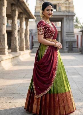 South Indian Style Semi-Stitched Half Saree with Blouse and Dupatta 3