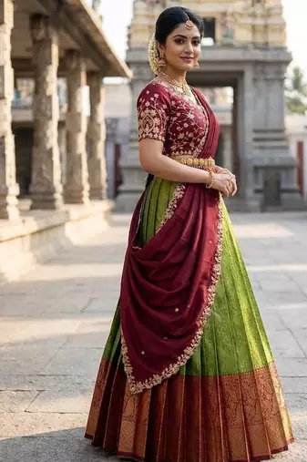 South Indian Style Semi-Stitched Half Saree with Blouse and Dupatta