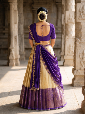 South Indian Style Semi-Stitched Half Saree with Blouse and Dupatta 2