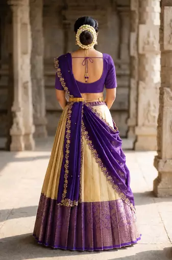 South Indian Style Semi-Stitched Half Saree with Blouse and Dupatta