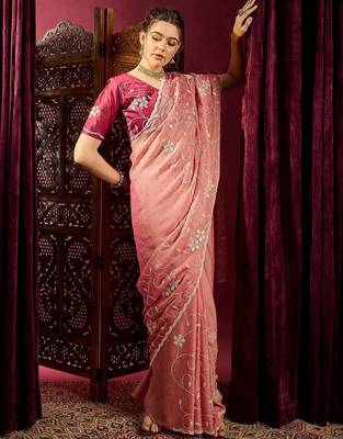 Peach ethnic motifs sequinned saree 4