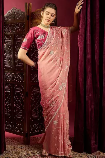 Peach ethnic motifs sequinned saree