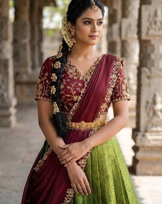 South Indian Style Semi-Stitched Half Saree with Blouse and Dupatta 4