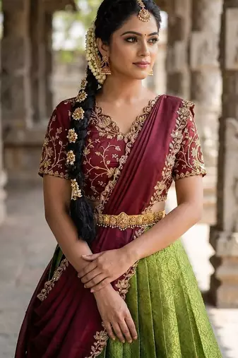 South Indian Style Semi-Stitched Half Saree with Blouse and Dupatta