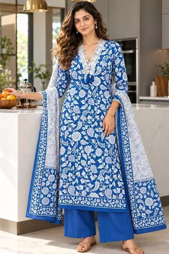 women floral printed regular  cotton kurta with palazzos & with dupatta
