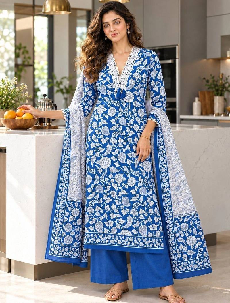 women floral printed regular  cotton kurta with palazzos & with dupatta