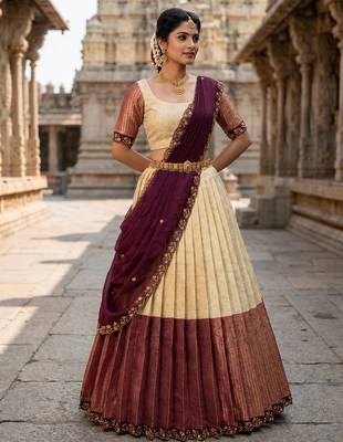 South Indian Style Semi-Stitched Half Saree with Blouse and Dupatta 1