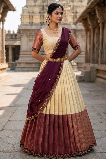 South Indian Style Semi-Stitched Half Saree with Blouse and Dupatta