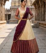 South Indian Style Semi-Stitched Half Saree with Blouse and Dupatta