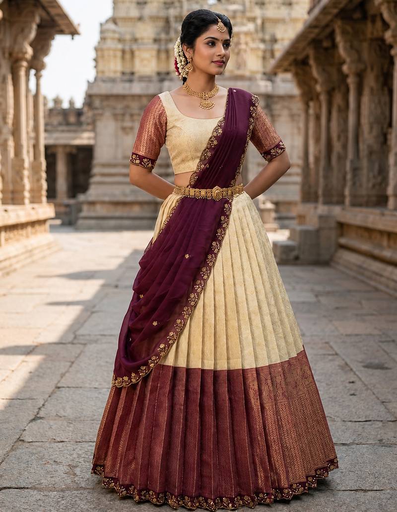 South Indian Style Semi-Stitched Half Saree with Blouse and Dupatta