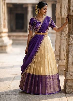 South Indian Style Semi-Stitched Half Saree with Blouse and Dupatta 3
