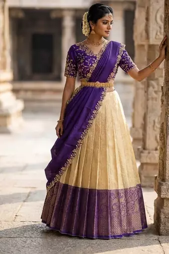 South Indian Style Semi-Stitched Half Saree with Blouse and Dupatta