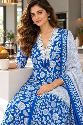 women floral printed regular  cotton kurta with palazzos & with dupatta