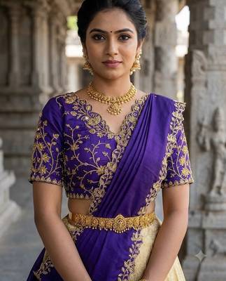 South Indian Style Semi-Stitched Half Saree with Blouse and Dupatta 4
