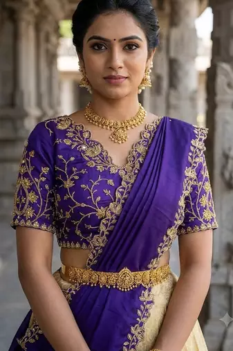 South Indian Style Semi-Stitched Half Saree with Blouse and Dupatta