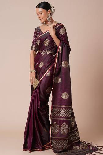 Burgundy woven design zari banarasi saree
