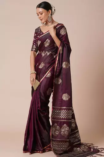 Burgundy woven design zari banarasi saree