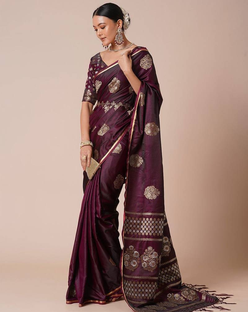 Burgundy woven design zari banarasi saree