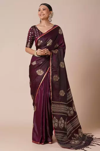 Burgundy woven design zari banarasi saree