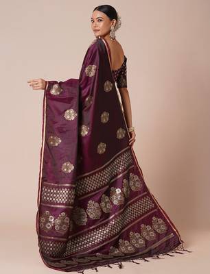 Burgundy woven design zari banarasi saree 3