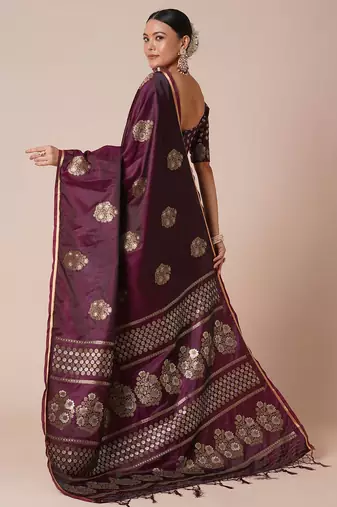 Burgundy woven design zari banarasi saree
