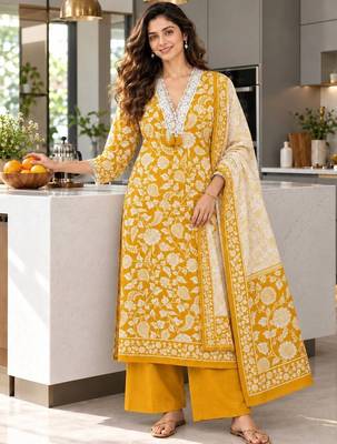 women floral printed regular  cotton kurta with palazzos & with dupatta 1