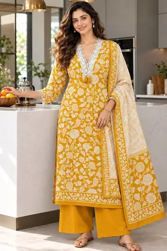 women floral printed regular  cotton kurta with palazzos & with dupatta