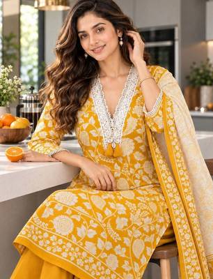 women floral printed regular  cotton kurta with palazzos & with dupatta 2