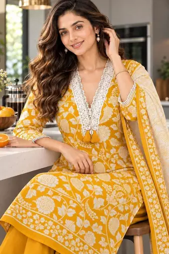 women floral printed regular  cotton kurta with palazzos & with dupatta