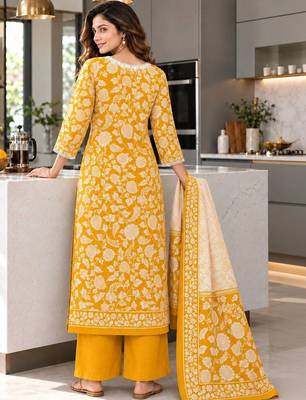 women floral printed regular  cotton kurta with palazzos & with dupatta 3