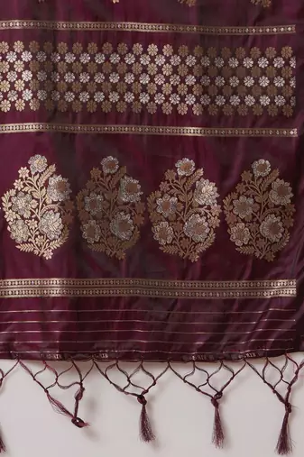 Burgundy woven design zari banarasi saree
