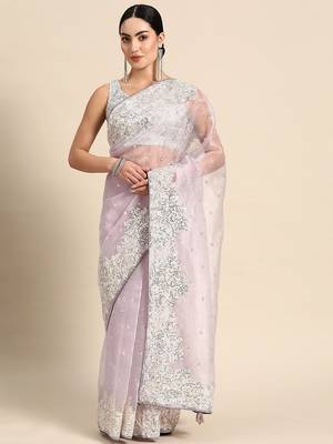 Lavender floral embroidered organza saree 1