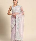 Lavender floral embroidered organza saree