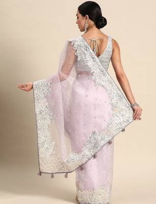 Lavender floral embroidered organza saree 2