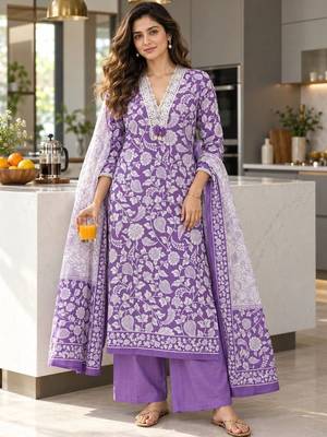 women floral printed regular  cotton kurta with palazzos & with dupatta 1