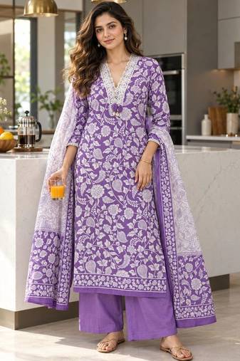 women floral printed regular  cotton kurta with palazzos & with dupatta