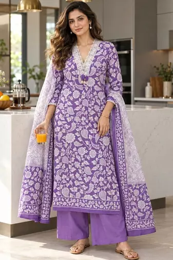 women floral printed regular  cotton kurta with palazzos & with dupatta