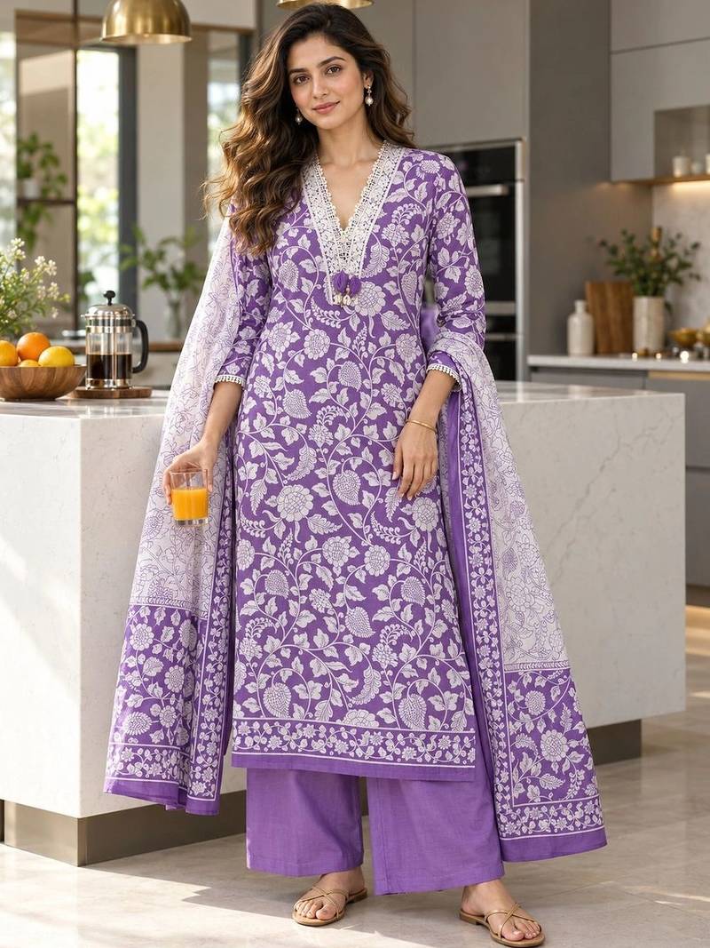 women floral printed regular  cotton kurta with palazzos & with dupatta